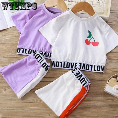 Two-piece Suit Children Clothing Set Girls Printing Letter Cherry Short Sleeve Tops + Pants Clothing Spring Summer
