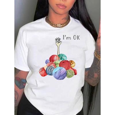 Taglie Europee T-shirt Casual Girocollo con Grafica Palla di Filo & Mano - Tessuto a Maglia Misto Poliestere & Spandex, Stampa Geometrica