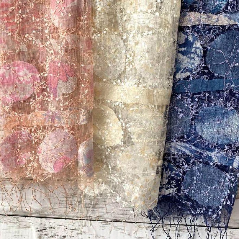Used Indian silk stole, Ari embroidery, 1395, thin, spring/summer, 40x180, navy, Mother's Day gift