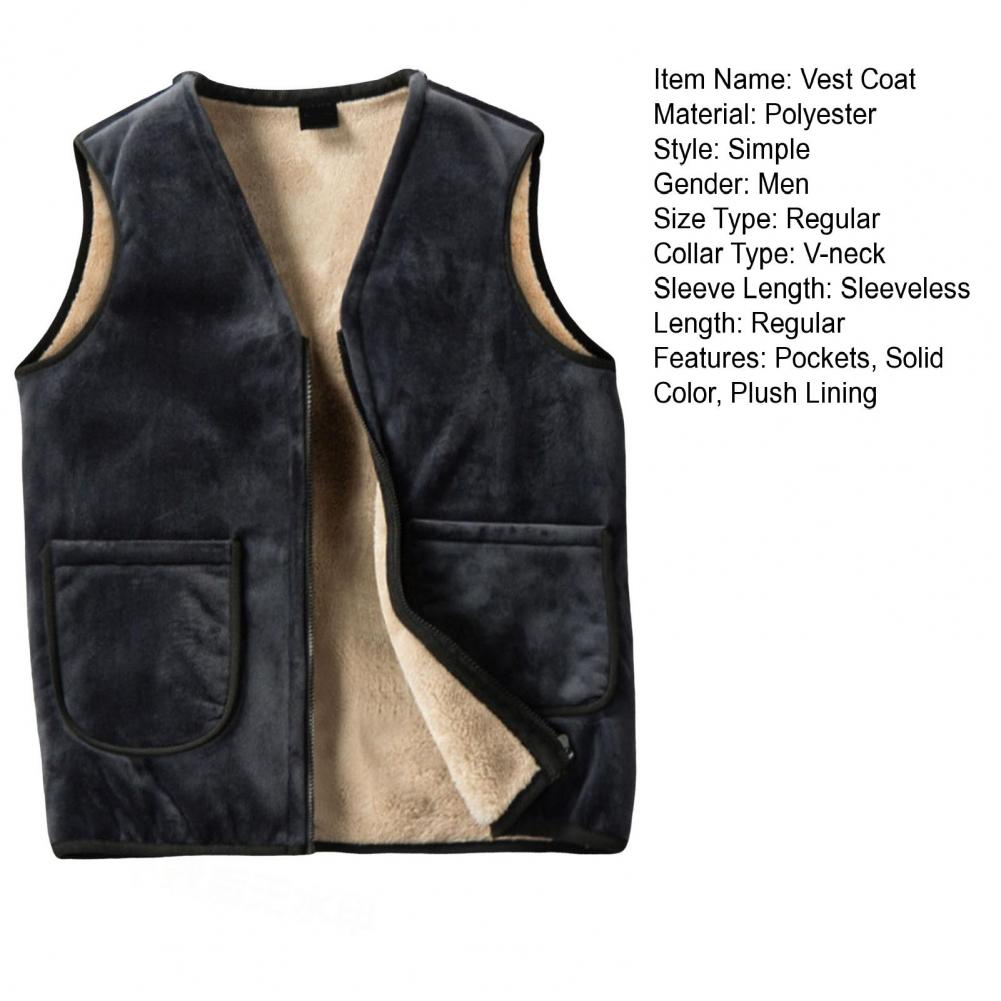 Men Vest Coat V-Neck Sleeveless Solid Color Velvet Lined Vest Coat with Pockets Zipper Closure Thickened Warm Bottoming Waistcoa