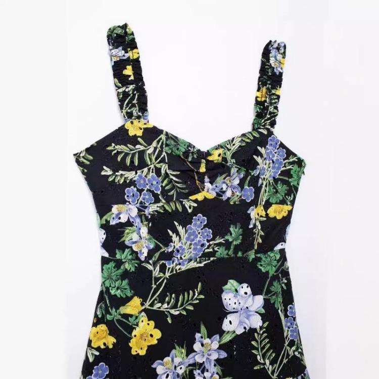 European American Women Fashion Summer Floral Print Spaghetti Straps Midi Dress