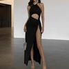 Cut Out Backless Halter Split Maxi Dress Summer Sleeveless Party  Chest Wrapping Halter Black S-L