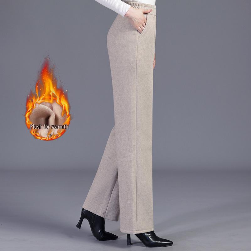 2025 Autumn/Winter Women's Solid Elastic Waist Straight-Leg Pants, Plus Velvet Thickened for Warmth, Ideal for Middle-Aged Mothers