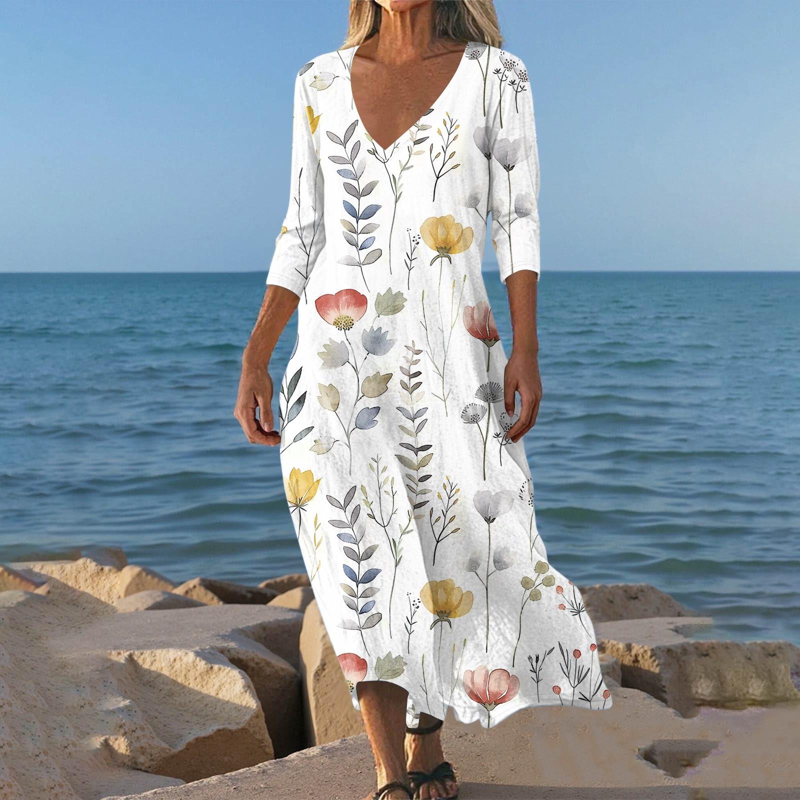 

Dresses For Womens Vintage Print Tunic Waisted Midi Dress Summer Casual 3/4 Sleeve Dress XXL