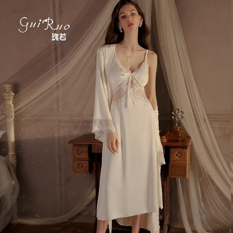 DZ Guiruo Brand Underwear Sexy Deep V Plus Chest Pad Perspective Lace Suspender Nightdress Robe Pure Desire Set 1890