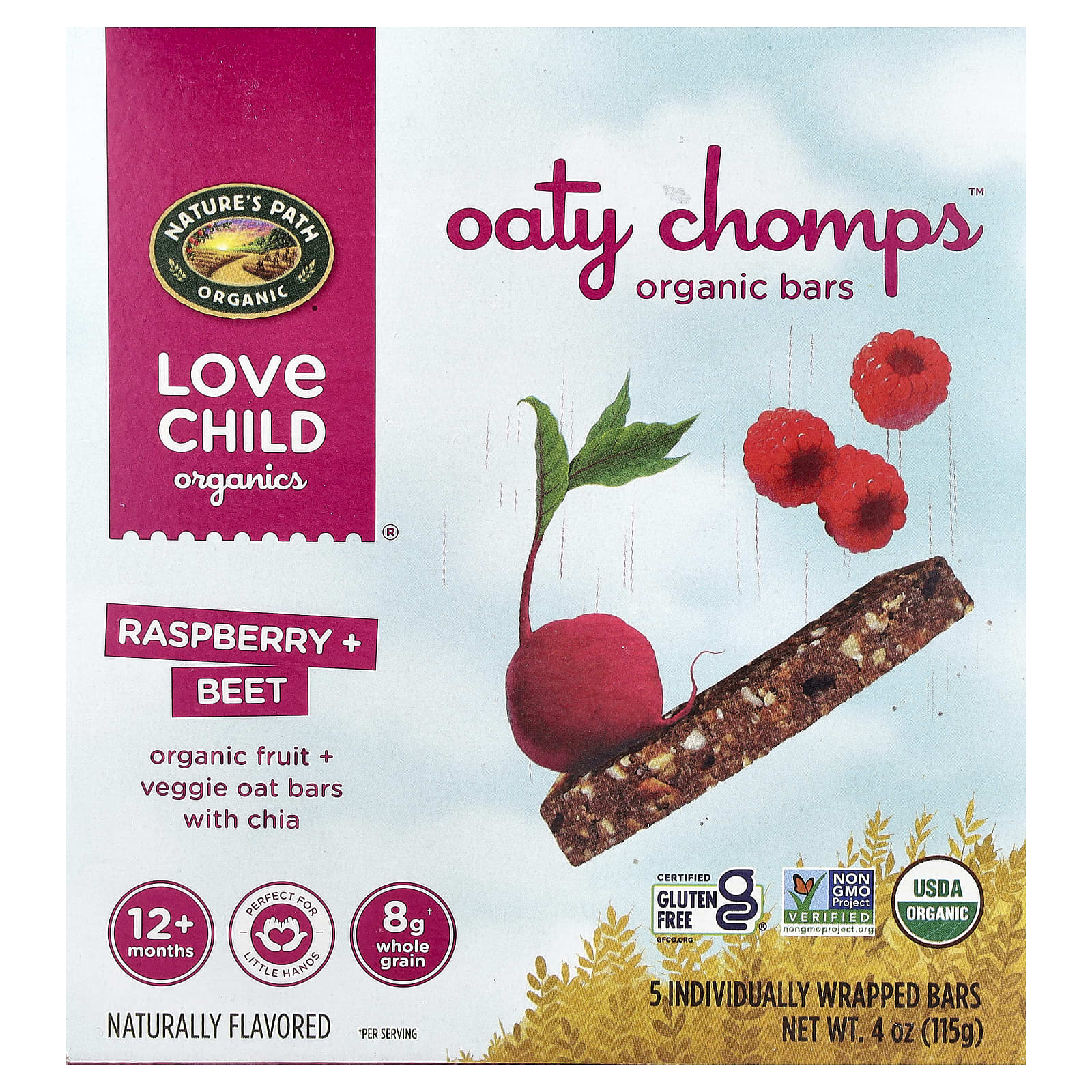

Love Child Organics, Nature s Path, Oaty Chomps™ Organic Bars, 12+ Months, Raspberry + Beet, 5 Individually Wrapped Bars, 0.8 oz (23 g) Each