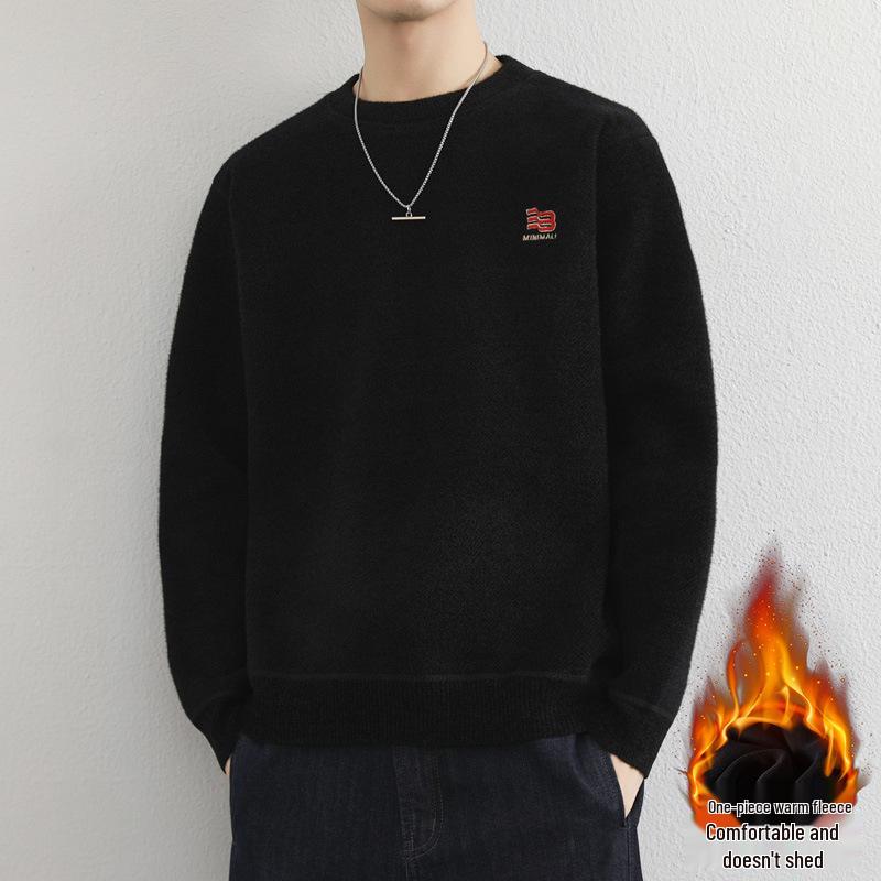 Men's Youth Velvet Thickened Wool Sweater - Embroidered, Warm, Trendy Round Neck Knitwear for Autumn and Winter