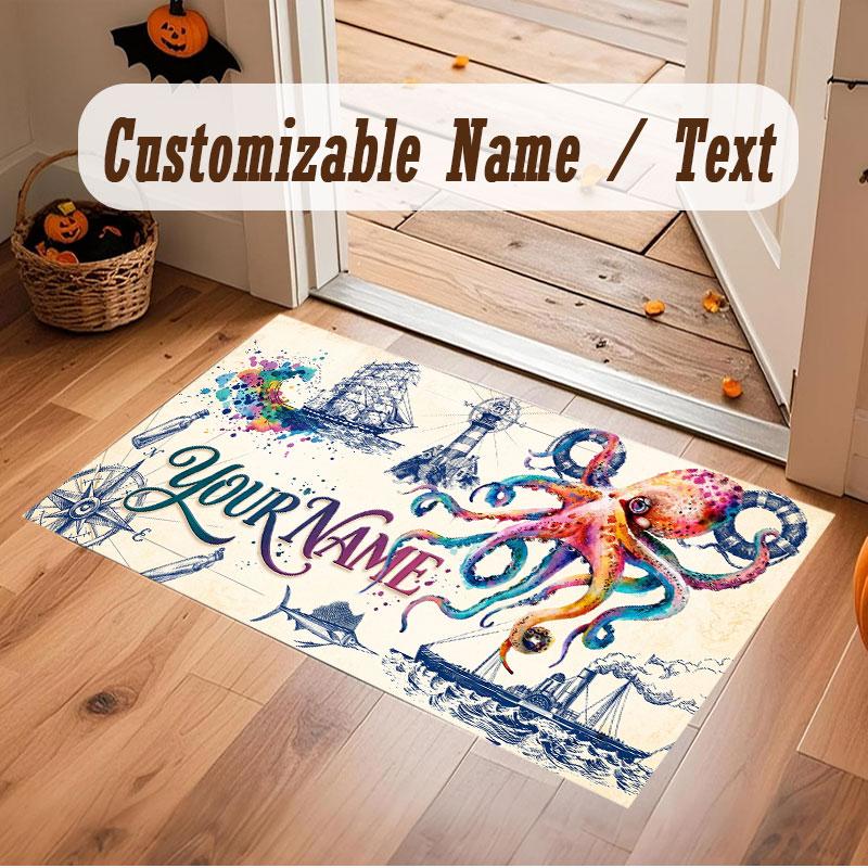 Octopus Sea Life Theme Crystal Velvet Floor Rug Personalized Custom Name Text Warm Carpet Home Decoration
