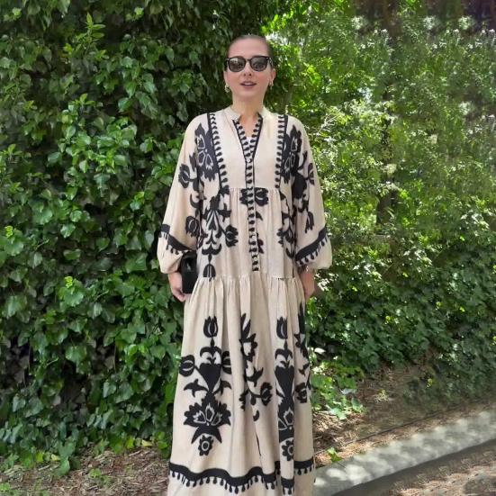 Lady Spring Maxi Dress V Neck Retro Contrast Color Printed Long Sleeves Loose Single-breasted A-line Patchwork Casual Daily Dress