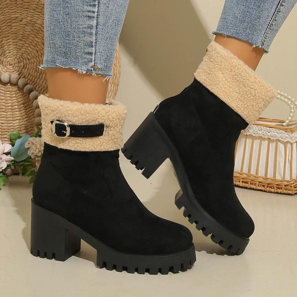 Autumn and winter new European and American low boots with fleece to keep warm large size thick heel Martin boots cotton