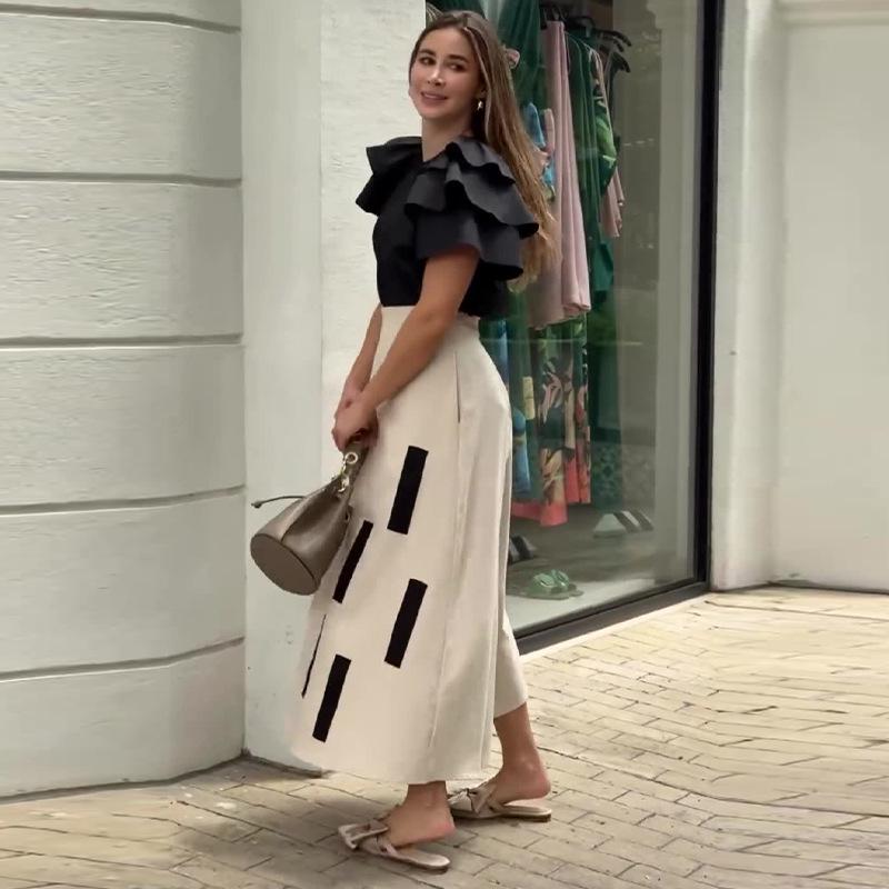 Summer 2024 European & American Women's Ruffle Top and High-Waisted Midi Skirt Two-Piece Casual Set