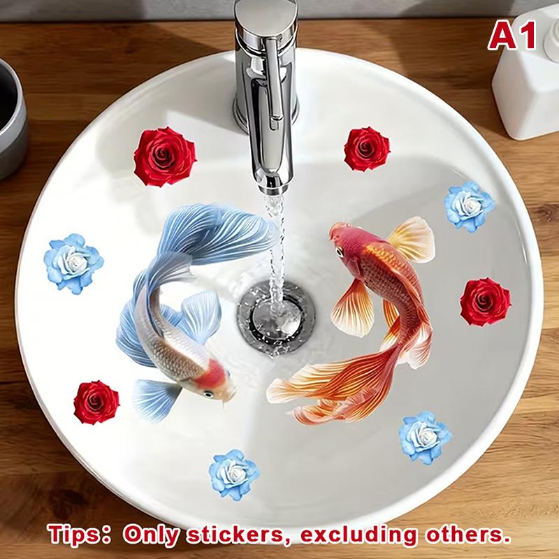 Lucky Koi And Floral Washbasin Sticker Self-Adhesive Waterproof Removable Bathroom Sticker, Wall Bathroom Sink Decal Home Decor