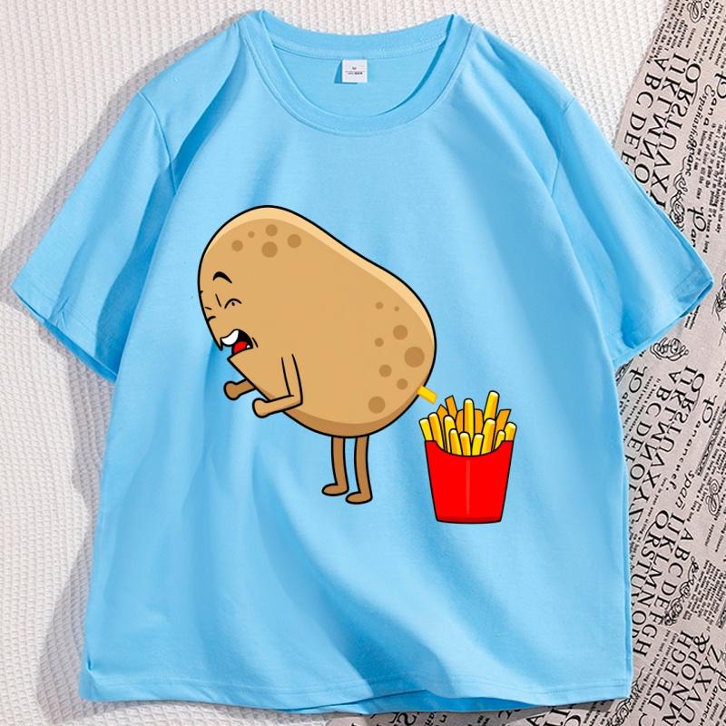 Funny Potato Fries Cartoon T Shirt Kawaii Food Humor Tshirt for Men Women Casual Loose Printed Tshirt Short Sleeve Clothes