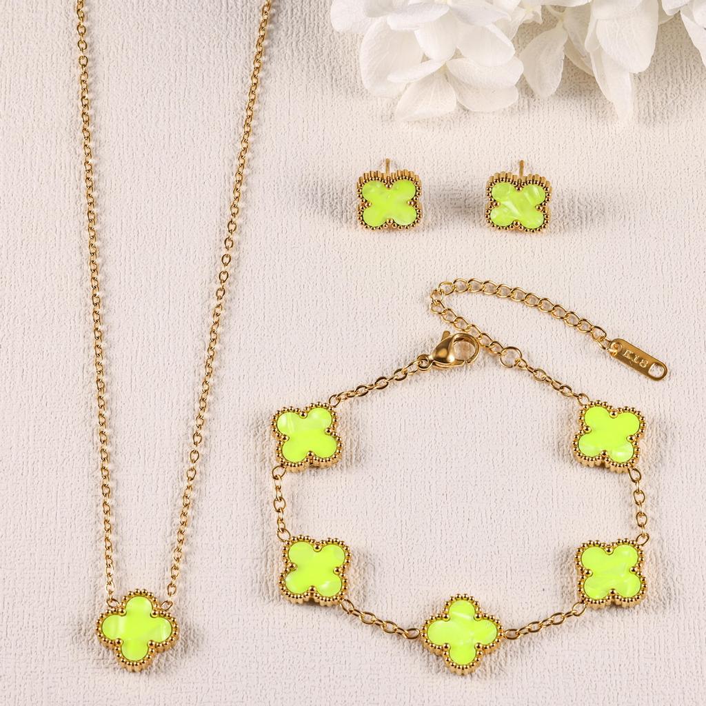 3PCS Clover 18K Gold Plated Necklace Bracelet Earnail Set Women's Light Luxury Colorful Fashion Accessories