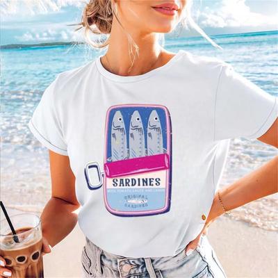 Summer Beach Travel Sardine Print Cartoon Cute Short Sleeve Top Women's New Popular Travel Casual Style Basic O-Neck T-Shirt