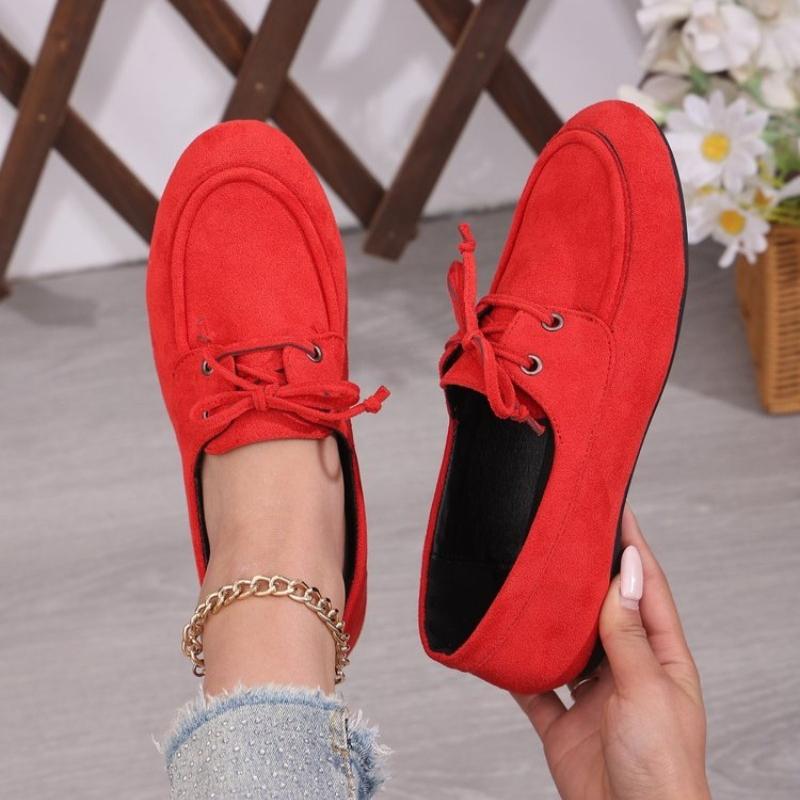 Classic Genuine Cow Suede Pumps Women Lace Up Flat Heel Boat Shoes Female Retro Comfort Daily Autumn Walk Flats