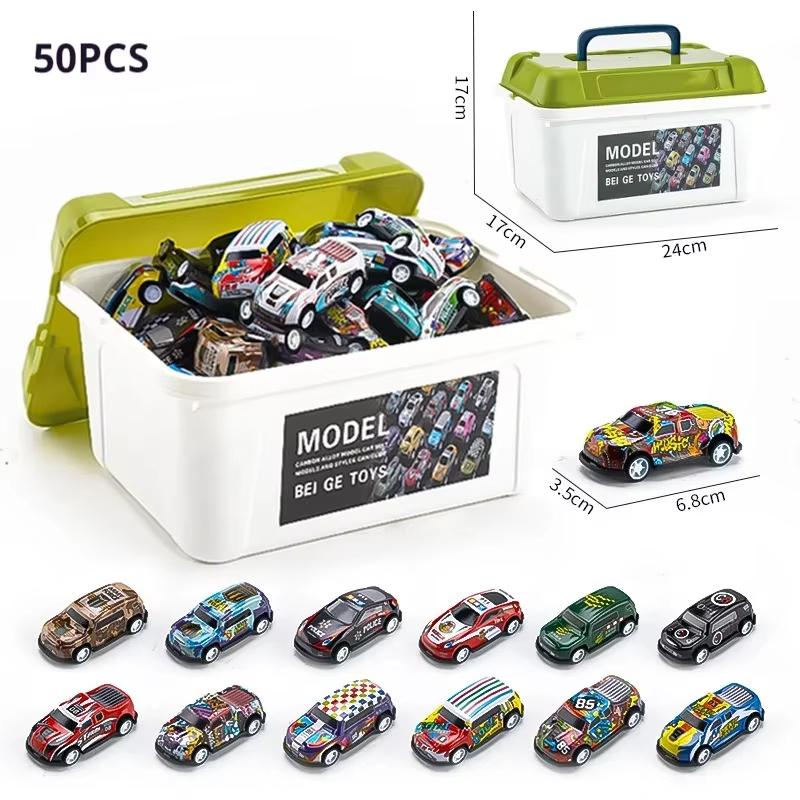 30 - 50 Stück Mini-Legierungsauto-Modellset mit Aufbewahrungsbox Druckguss-Rückzieh-Fahrzeugspielzeug für Jungen, Geschenk für Weihnachten, Geburtstagsgeschenk