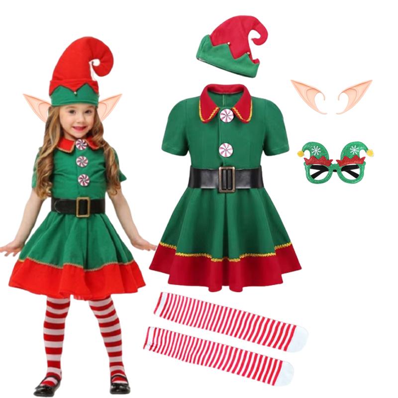 Girl Boy Christmas Elf Costumes Santa Claus Suit Festival Adult Family Halloween Cosplay Sets Green Elves Clothes