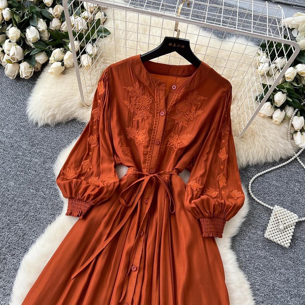 Vintage Elegant Embroidered Button Dress A-line Chic Casual Beach Vacation Women Summer Dresses