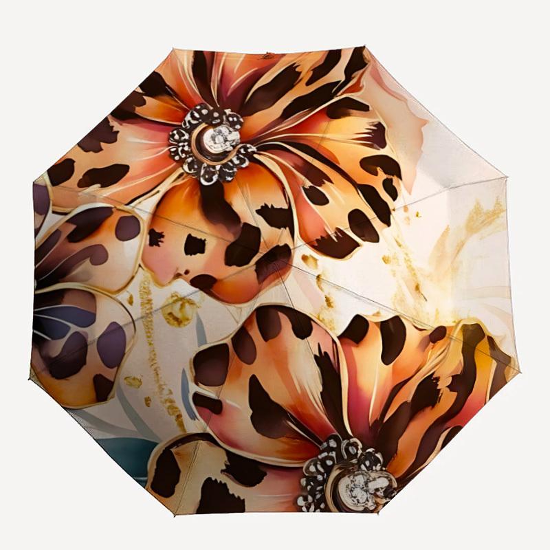 1pc Floral Leopard Automatic Open/close Umbrella, 8-Rib Sturdy Structure, Auto Folding/Opening, Portable Travel Umbrella for Women,110