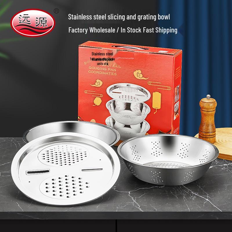 Stainless Steel Multi-functional Rice and Vegetable Washing & Grating Basin Set with Colander (3 Pieces)