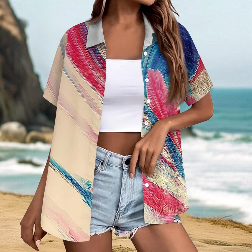 Women Casual Summer Beach Shirt Textured Printed Short Sleeve Button Down Blouse Lightweight Loose Fit Top for Outdoor