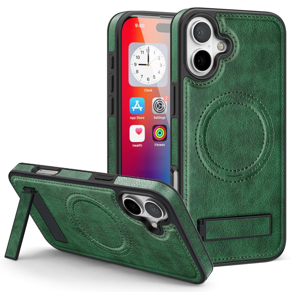 For iPhone 16 Plus Case Compatible with MagSafe with Folded Kickstand PC Silicone Leather Phone Back Cover