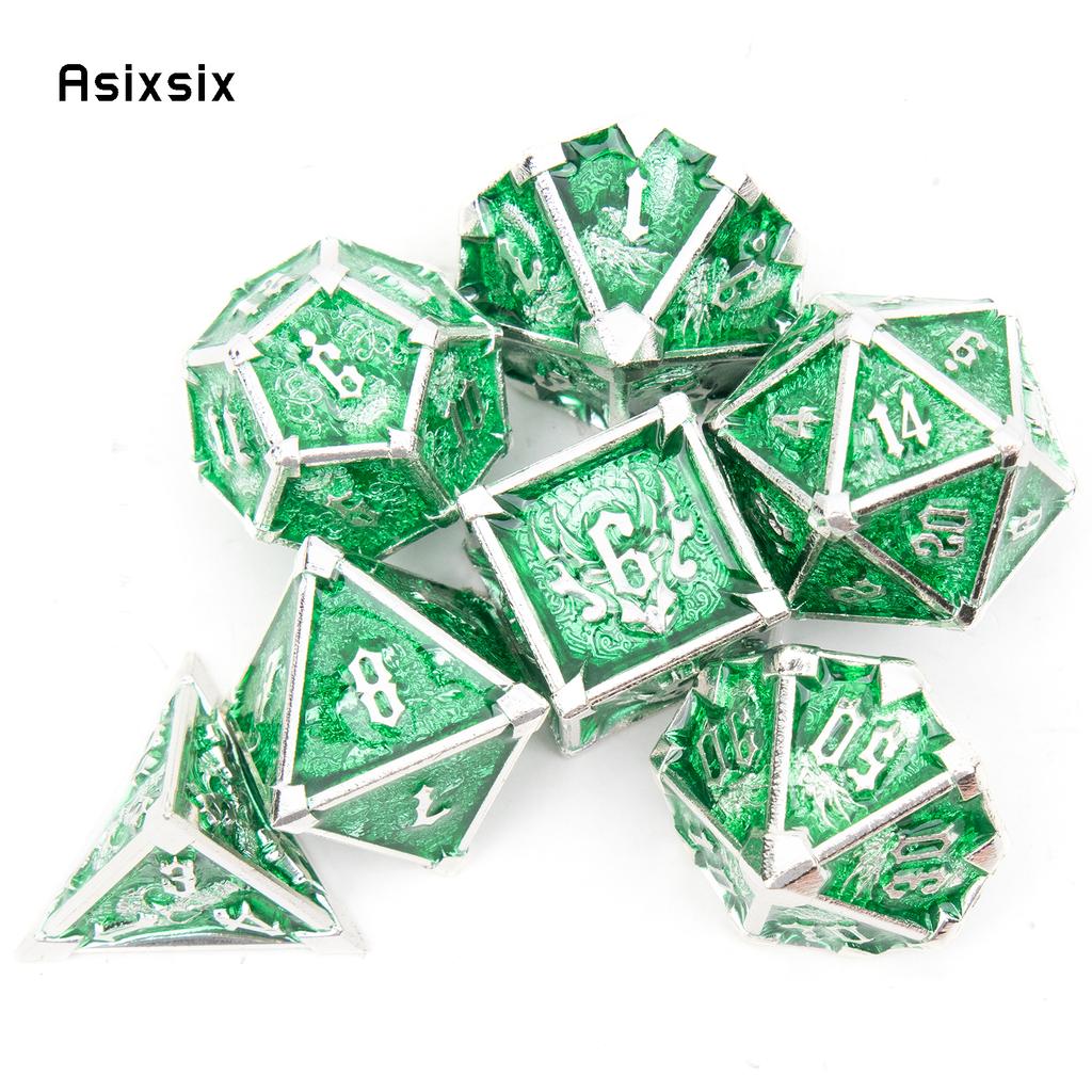 7 Pcs Green White Skull Metal Dice Solid Metal Polyhedral Dice Set Suitable for Role-Playing RPG Board Game Card Game