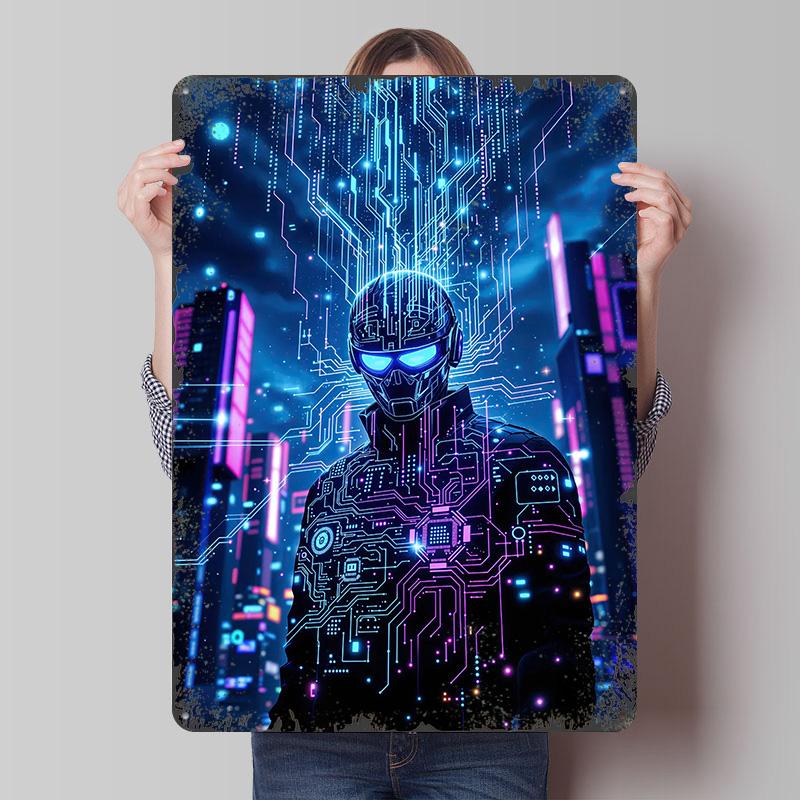 

Cyberpunk Hacker in Futuristic Cityscape Metal Poster Customized Wall Art Retro Vintage Tinplate Signs for Apartment Decoration 20x30cm（7.8x11.8inch）