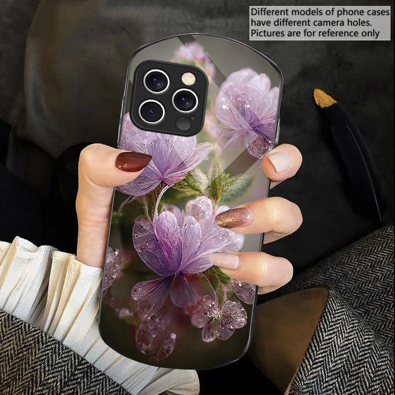 Pink Crystal Flower For iPhone 16 15 14 13 Plus 12 Mini 11 Pro Max XR Xs X 7 8 6 6S 2022 Elliptical Tempered Glass Phone Case