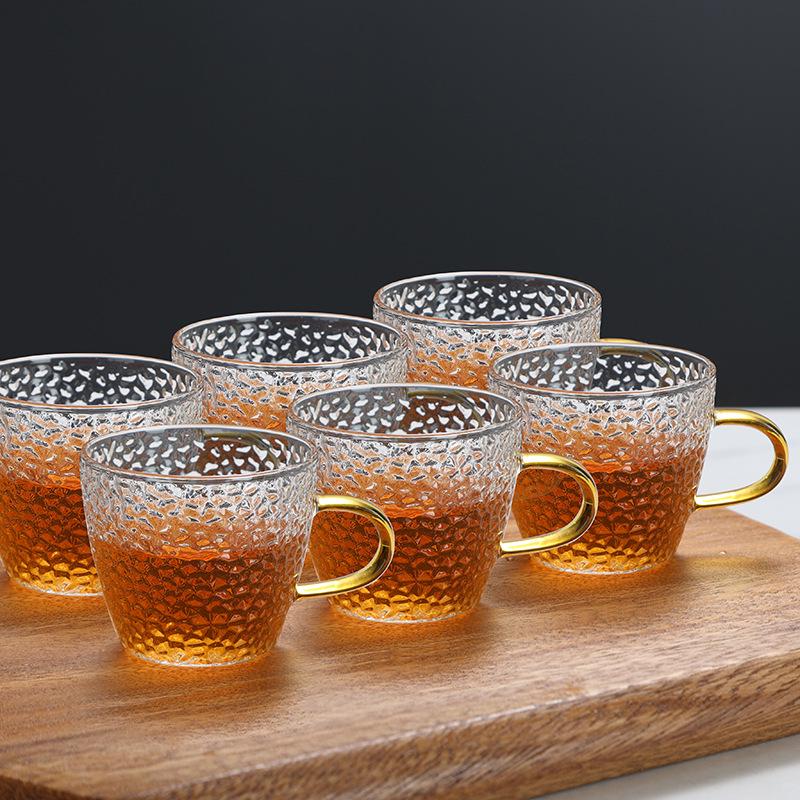 Set of Six Hammered Pattern Small Borosilicate Glass Tea Cups for Kung Fu Tea Tasting