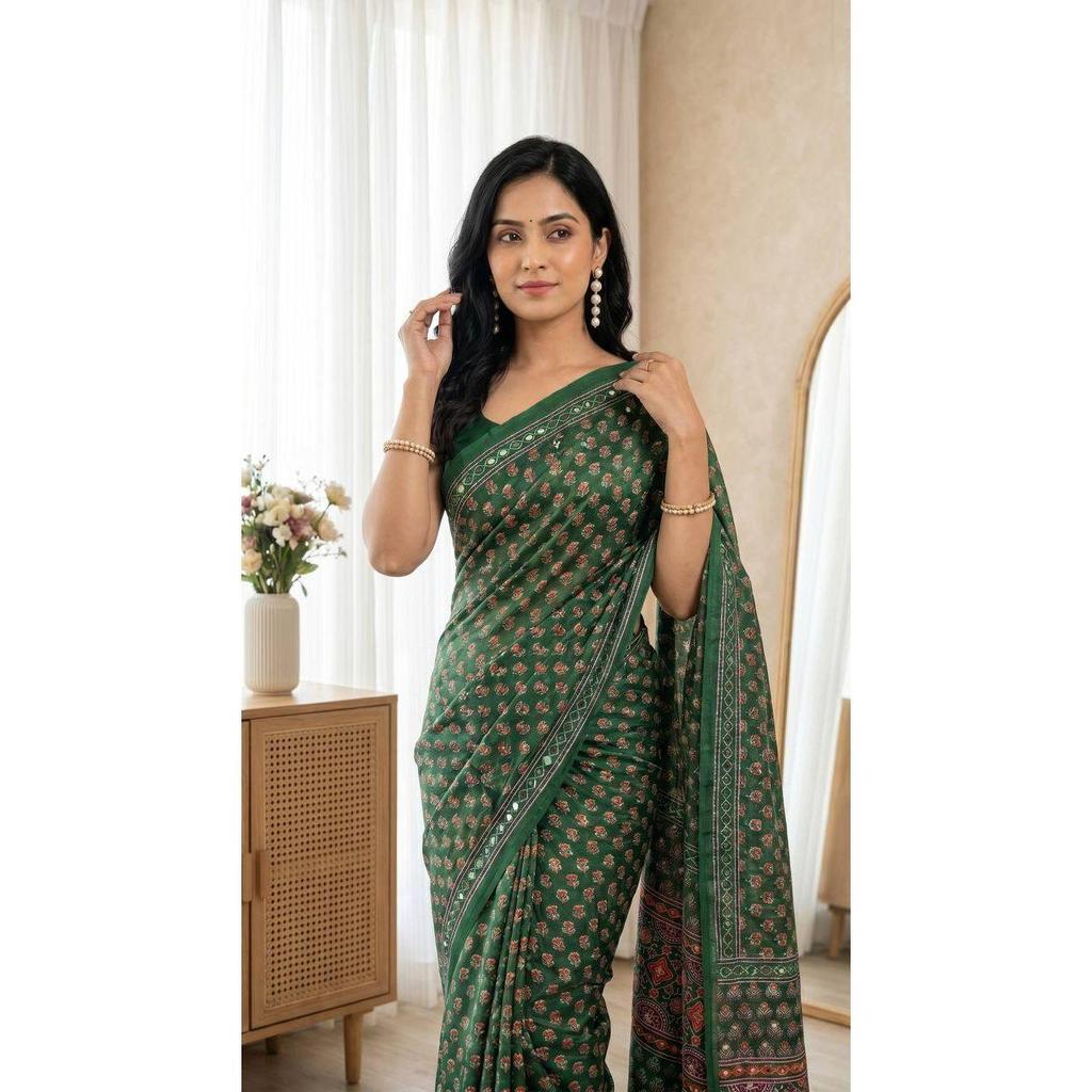 New Top Hot Trending Ajrakh Print Saree