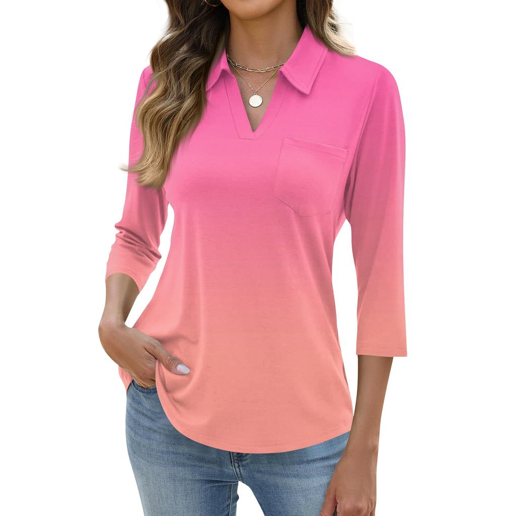 Damen Mode Lässig Revers Kurz 3/4 Ärmel Print Hemd Damen Oberteile