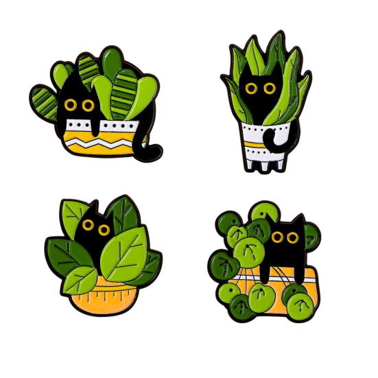 Enamel Brooch Cartoon Green Plant Cat Shape Lapel Pin Jackets Hats Sweatshirts School Bags Badge Outfit Accessory