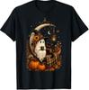 Vintage Halloween Ghost Holding Black Cat Groovy Floral T-Shirt