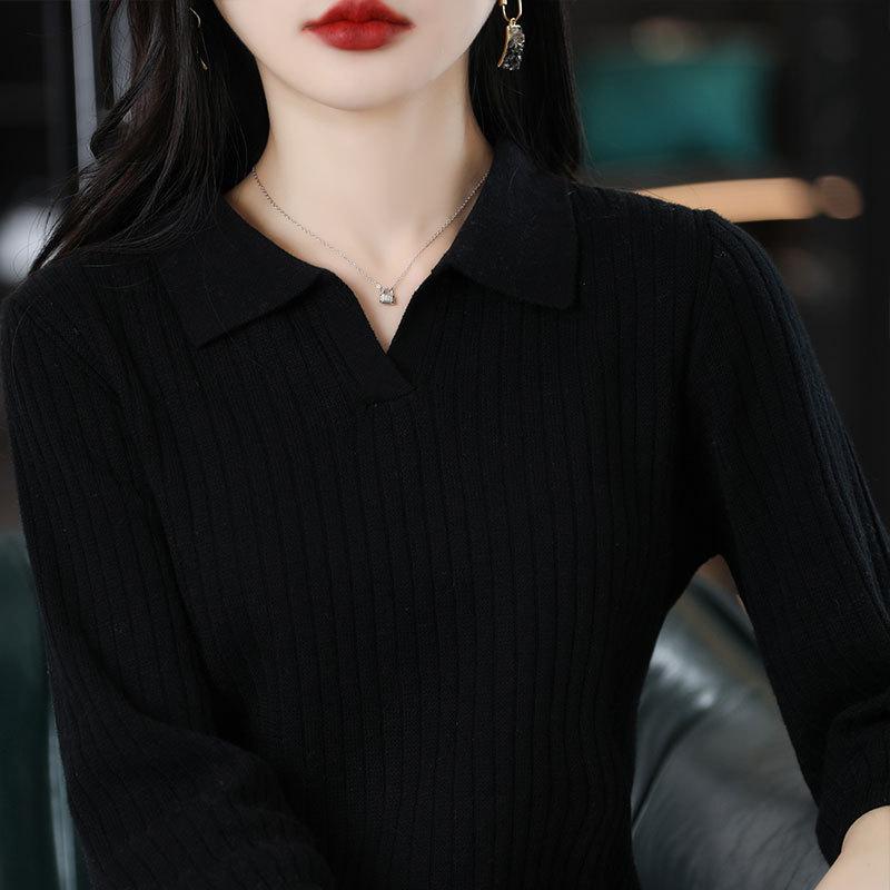 Spring and Summer Latest Cotton Thread 7-quarter Sleeve POLO Collar Sweater Women Pullover Thread Pit Strip Trendy Base Top