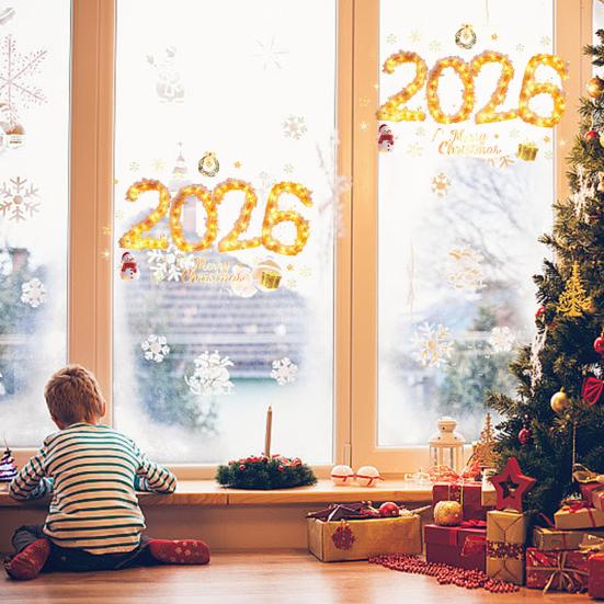 2026 Merry Christmas Window Cling Removable Waterproof PVC Xmas Golden Light String Static Glass Sticker Holiday Party Decoration Decal