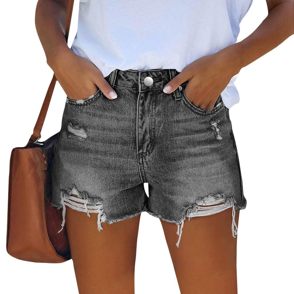 Women High Waist Denim Shorts Classic Casual Distressed Raw Hem Jean Shorts with Pockets for Summer Daily Wear