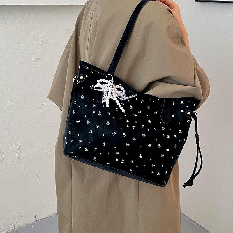 New Tote Bag, Korean Style Printed Large-Capacity Handbag, Textured Niche Design Casual Commuter Bag