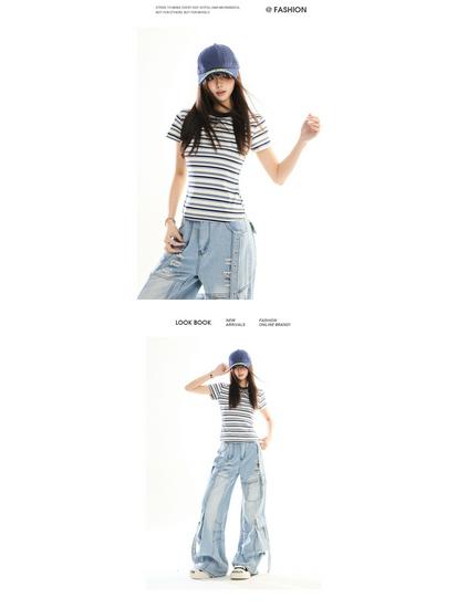 Retro Striped Slim Fit Cropped Short Sleeve T-shirt - Early Spring Petite Millennium Style