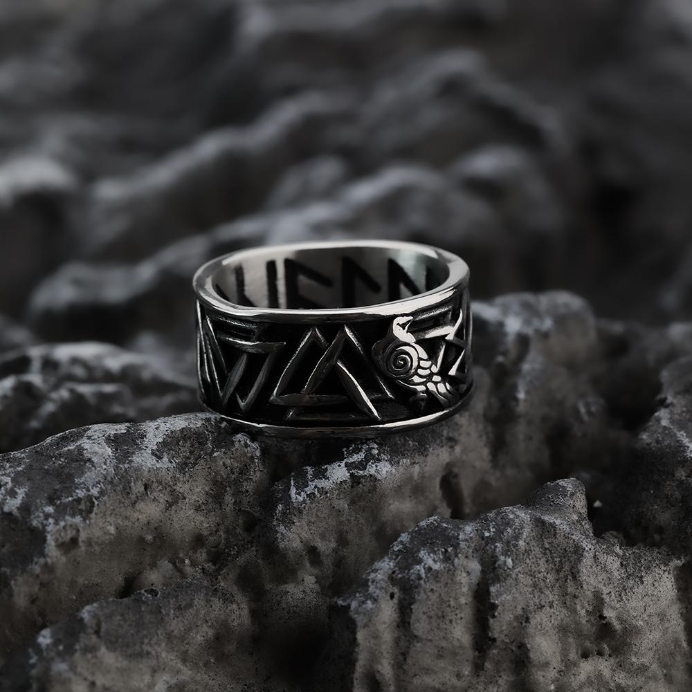 European and American Jewelry Men's Stainless Steel Ring Viking Text Crow Retro Stainless Steel Personality Ring