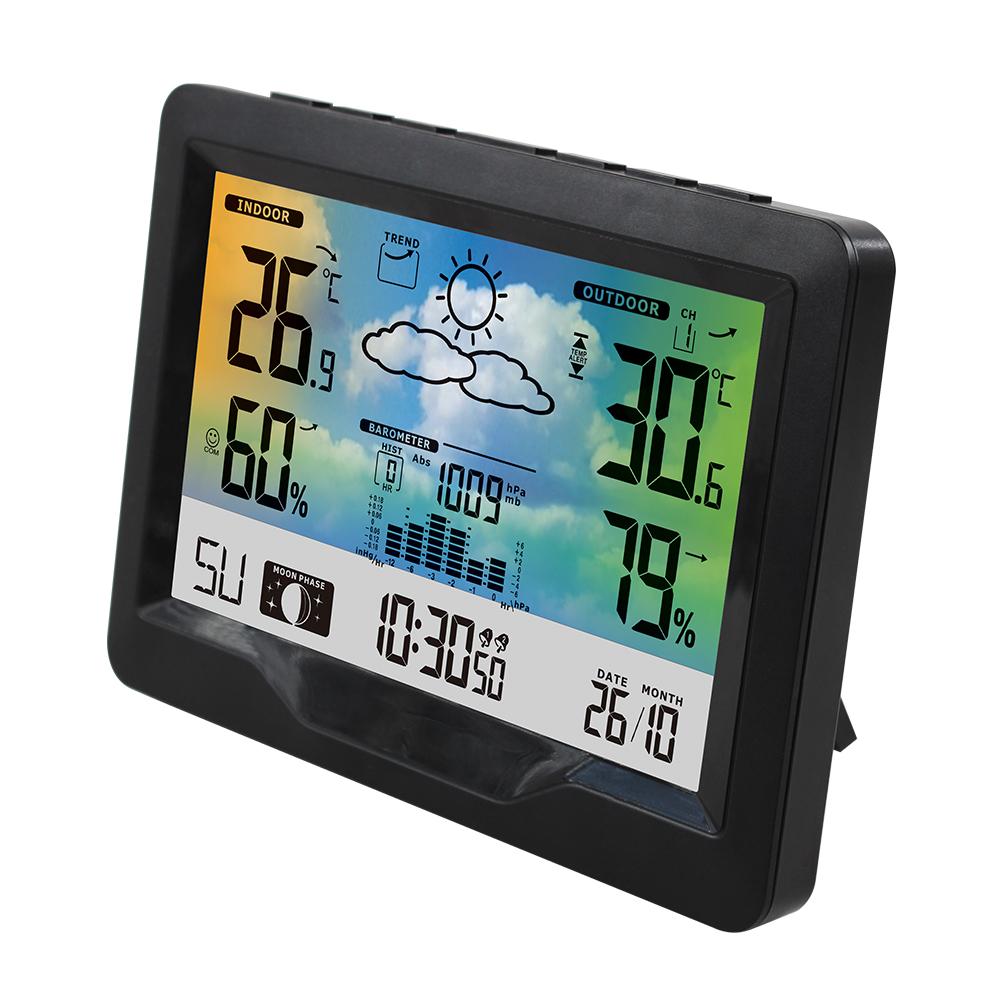 Drahtlose Wetterstation Innen Außen Farbbildschirm Wettervorhersagestation mit Außensensor Digitaler Temperatur- und Luftfeuchtigkeitsmesser mit Alarm C