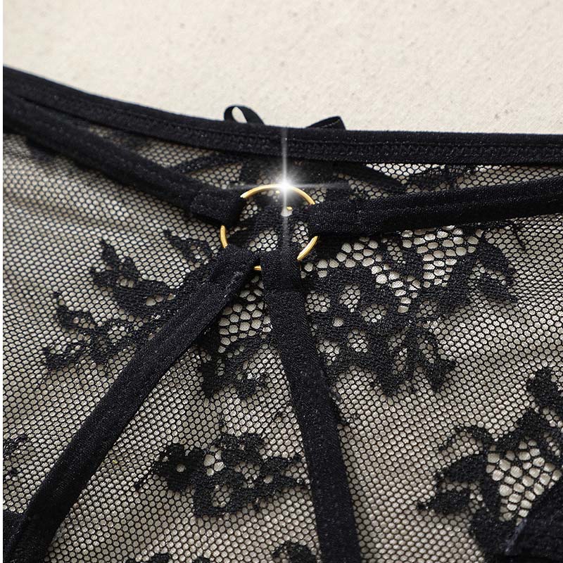 2026 LY New Wholesale Black Polyamide Floral Low-waisted Hollow Bow Open Crotch Plus Size1XL-4XL Women's Lace Panty G-string