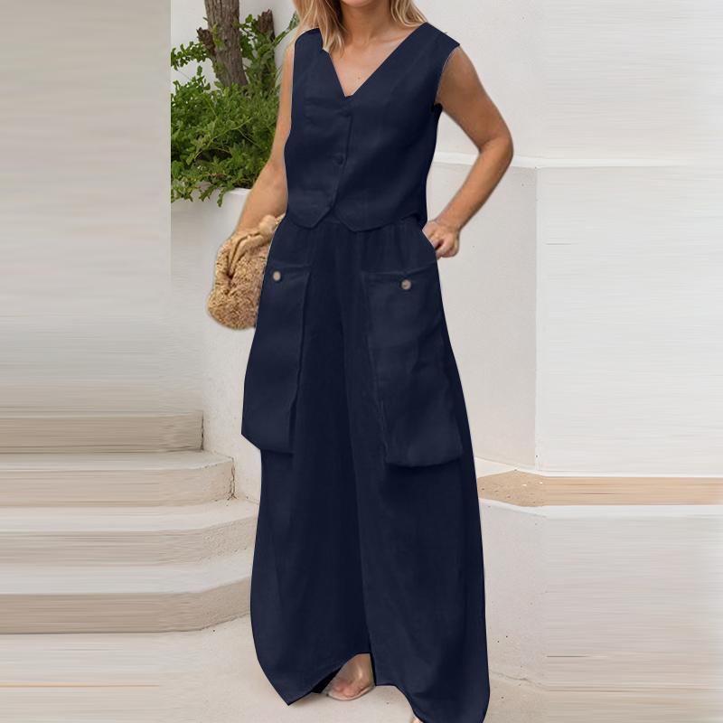 

ZANZEA Женские топы без рукавов и брюки Повседневные костюмы-двойки L темно-синий