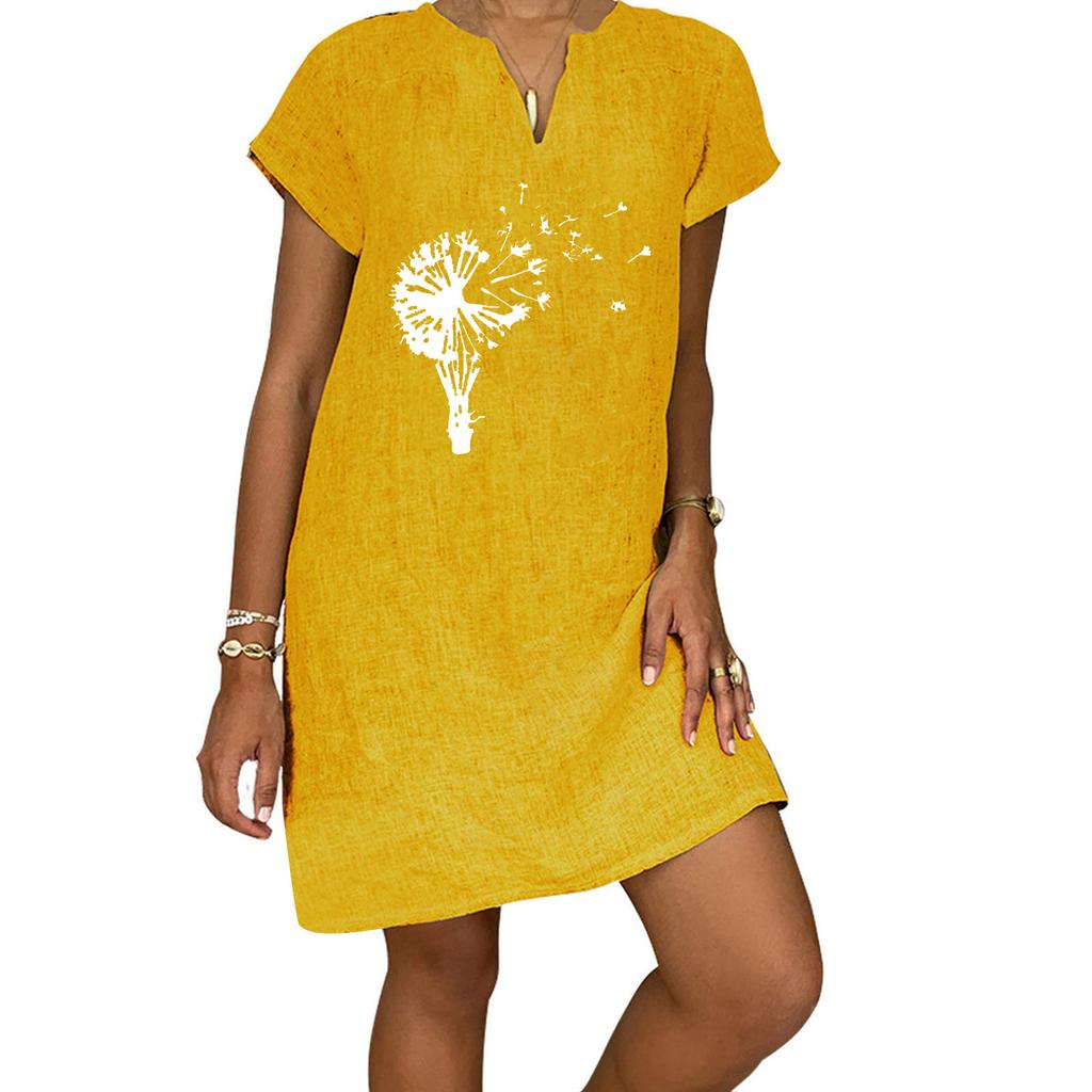 Women's Summer Casual Fashion Print Short-sleeve V-neck Loose Cotton Linen Dress