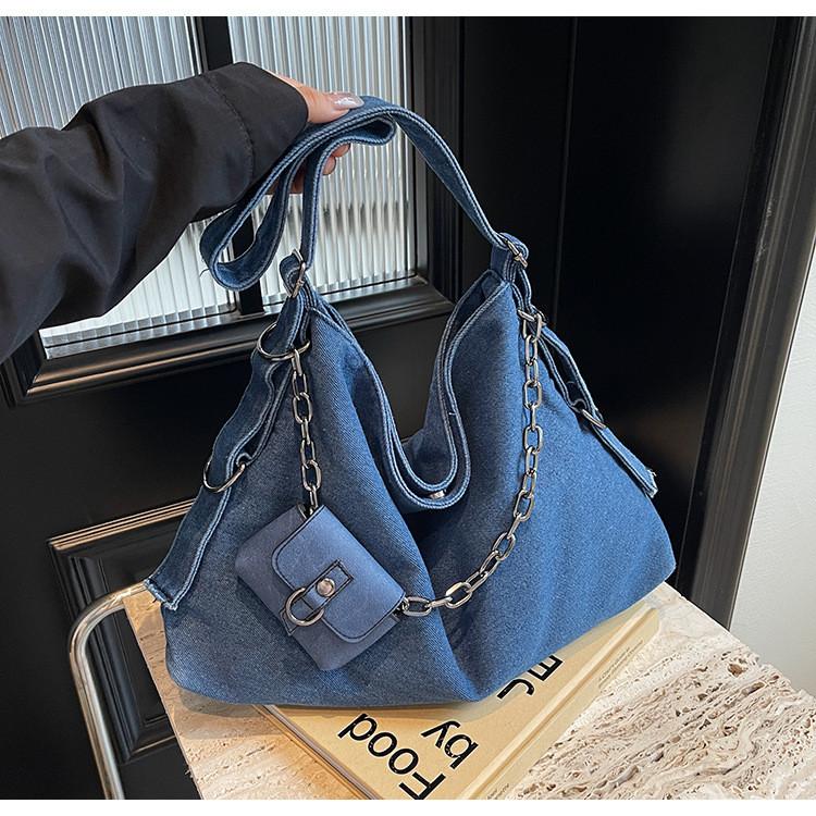 Retro Denim Casual Tote For Women With Large Capacity And Streetwear Design