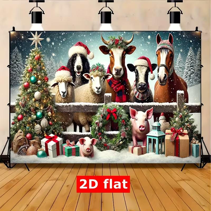 2D Winter Farm Animal Christmas Backdrop with Gifts and Snow Banner