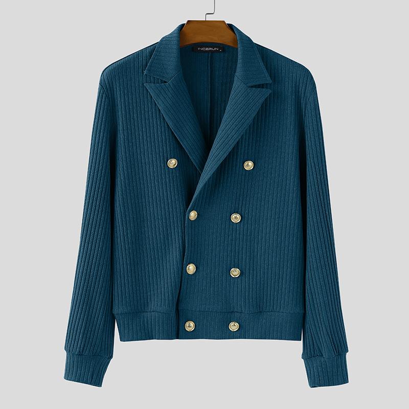 INCERUN Men Lapel Long Sleeve Double Breasted Casual Ribbed Knitted Jackets Coats