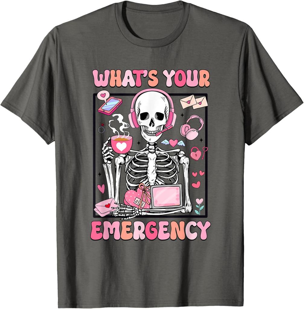 Skeleton Dispatcher Valentines Day Whats Your Emergency Graphic T-Shirt Men Casual Daily Cotton Tee