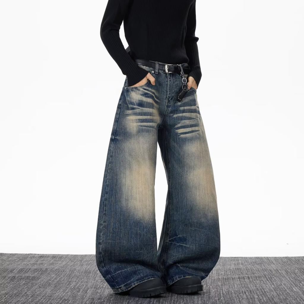 American Vintage Washed Distressed Catwhisker Bamboo Pattern Jeans for Men, Loose Wide-leg Curved Knife Pants In Stock